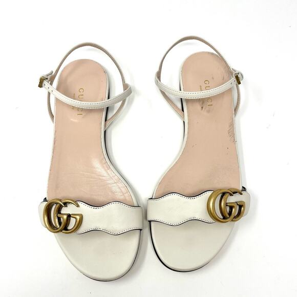 Gucci Marmont Interlocking GG Leather Ankle Strap Flat Sandals White Gold EU 36 - Picture 2 of 14